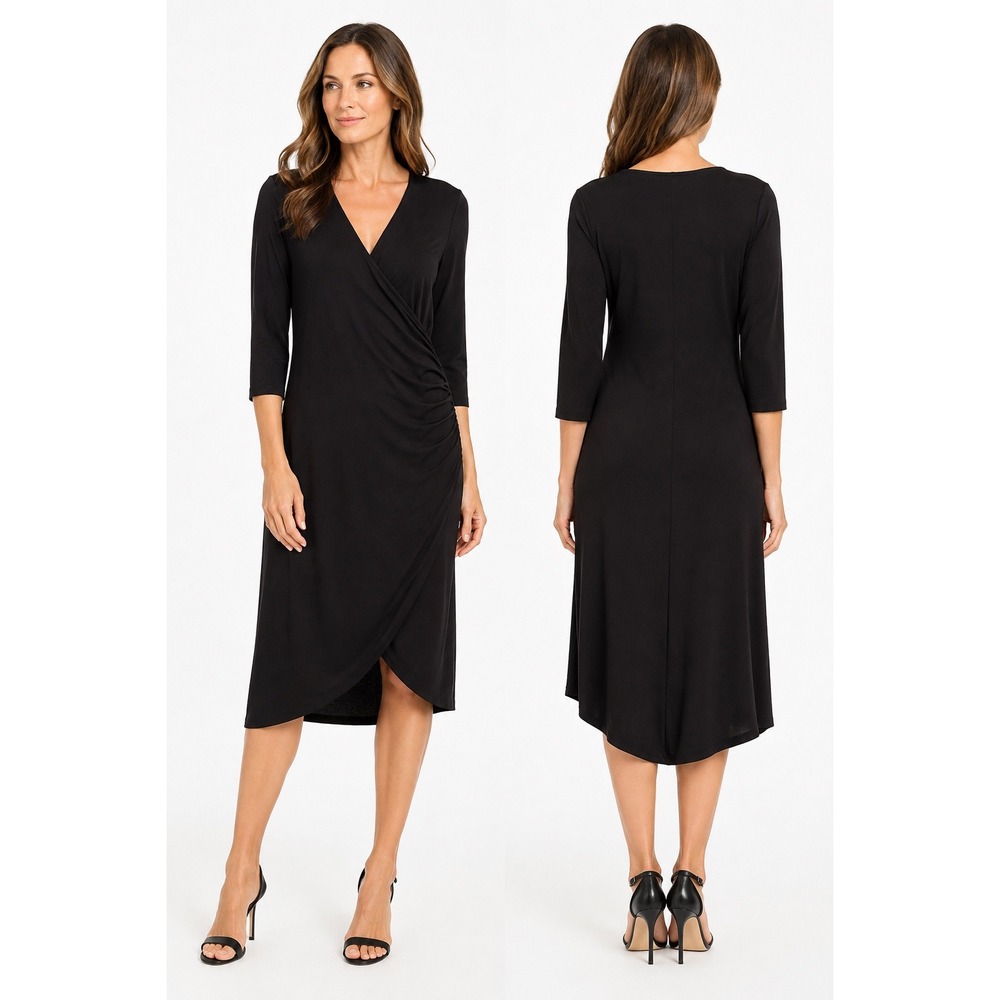 Habitat Black Faux Wrap Dress V-Neck Ruched Jersey Knit Midi Small 55980